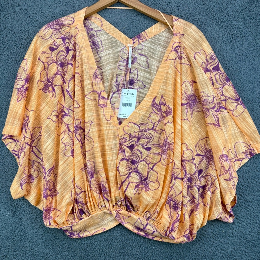 Free People Coral Orange Purple Floral Kimono Crop Top OB615271 Size L NEW